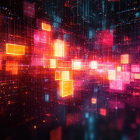 デジタル光の粒子と四角形が織り成すサイバー空間の写真