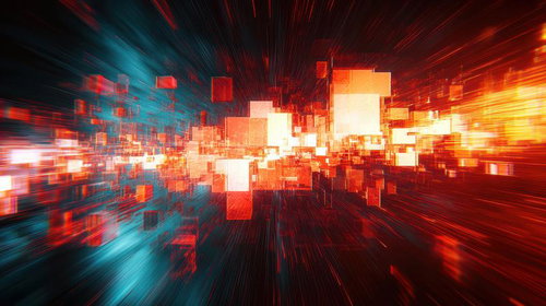 赤とシアンの光線が放射状に広がるサイバー空間