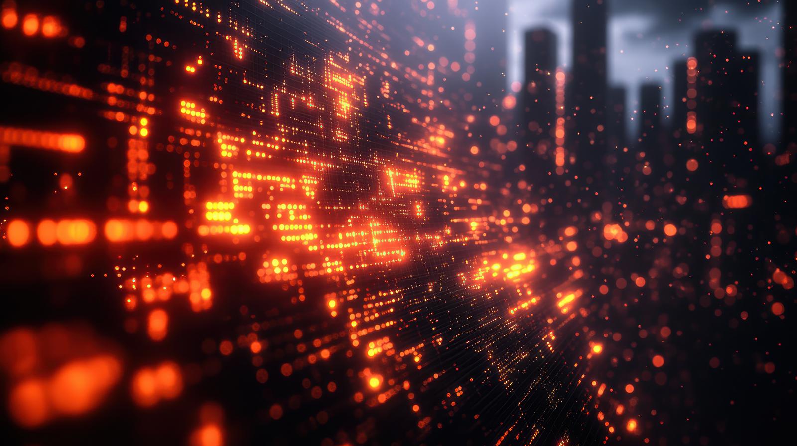 Digital circuits and data flow glowing orange in a 3D space