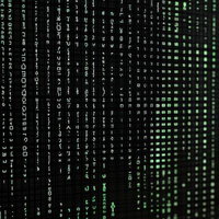 緑色の文字コードが縦に流れるマトリックス風デジタル背景のAI画像