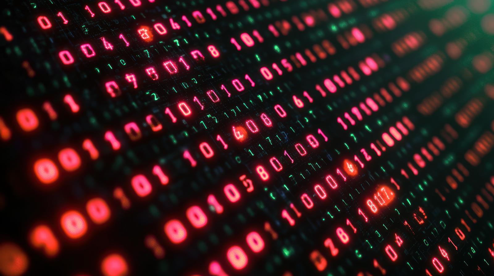 Digital space with binary code floating in red and green light