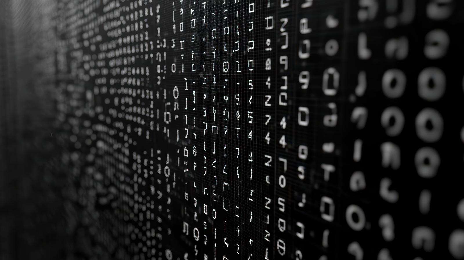 Digital-style screen with a grid of white code and binary digits on a black background