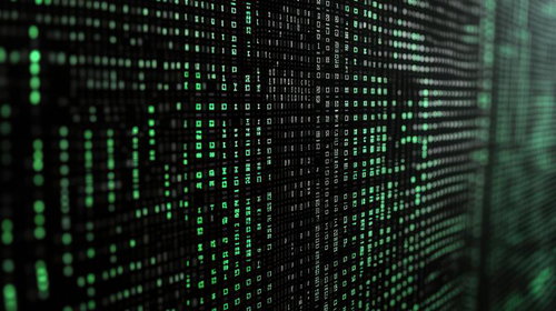 緑色のバイナリコードが流れるデジタルマトリックス画面