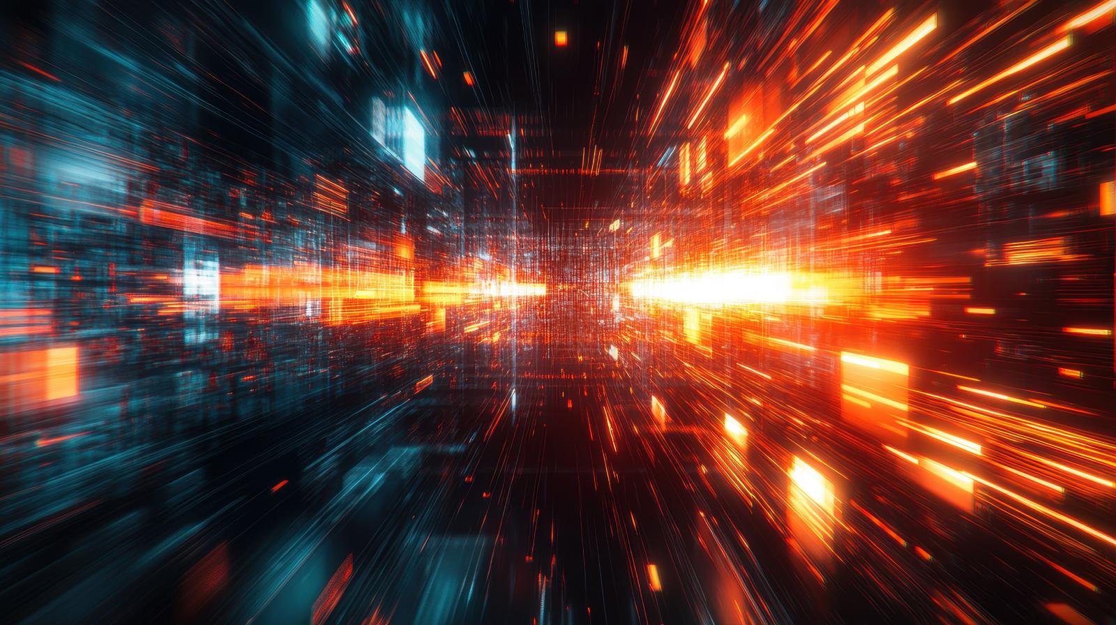 A digital space-like background with radially spreading traces of orange and blue light