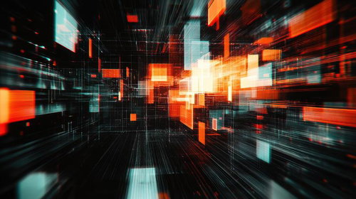 放射状に広がる光の軌跡とデジタルブロックが作るサイバー空間風アート