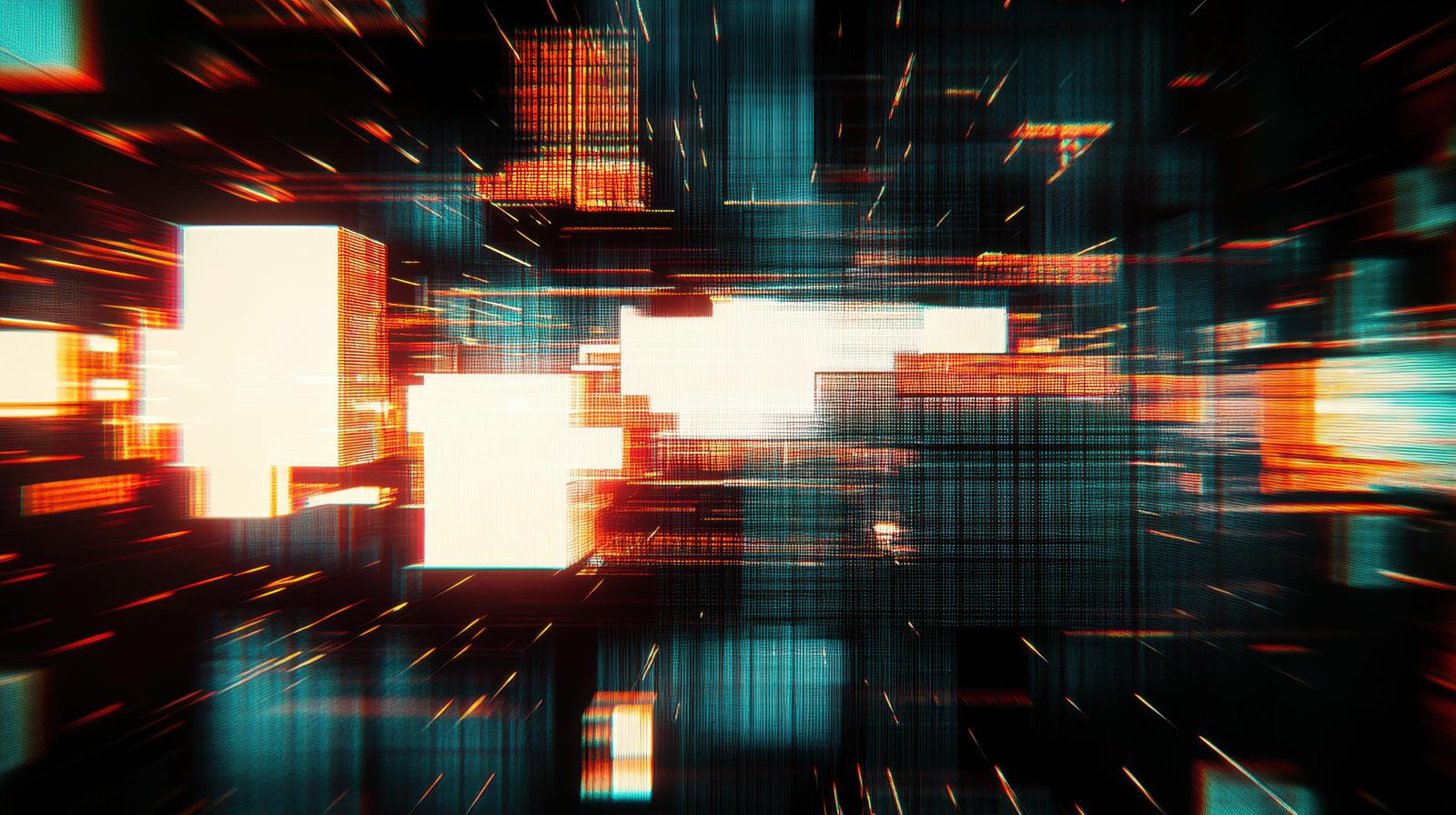 Abstract representation of glowing 3D blocks and light beam effects in a digital space