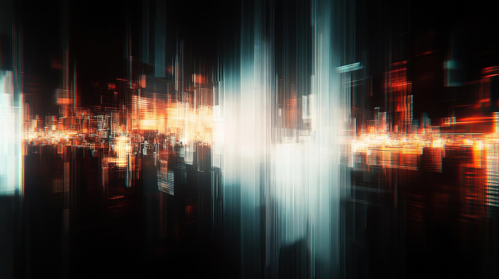 Orange and blue light particles floating in a cyberpunk-style abstract digital space