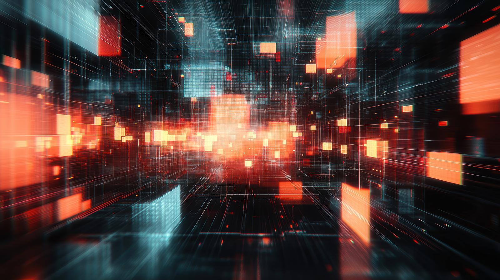 Radial orange and blue lights in a digital, sci-fi-inspired space