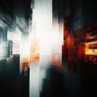 オレンジと青の光が交差するモーションブラー風デジタルエフェクトの写真