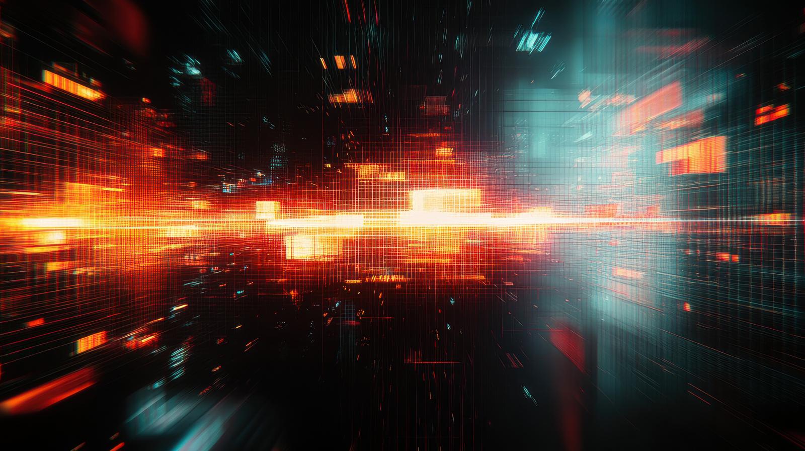 オレンジとブルーの光が中央から放射状に広がるサイバー空間風のデジタル背景