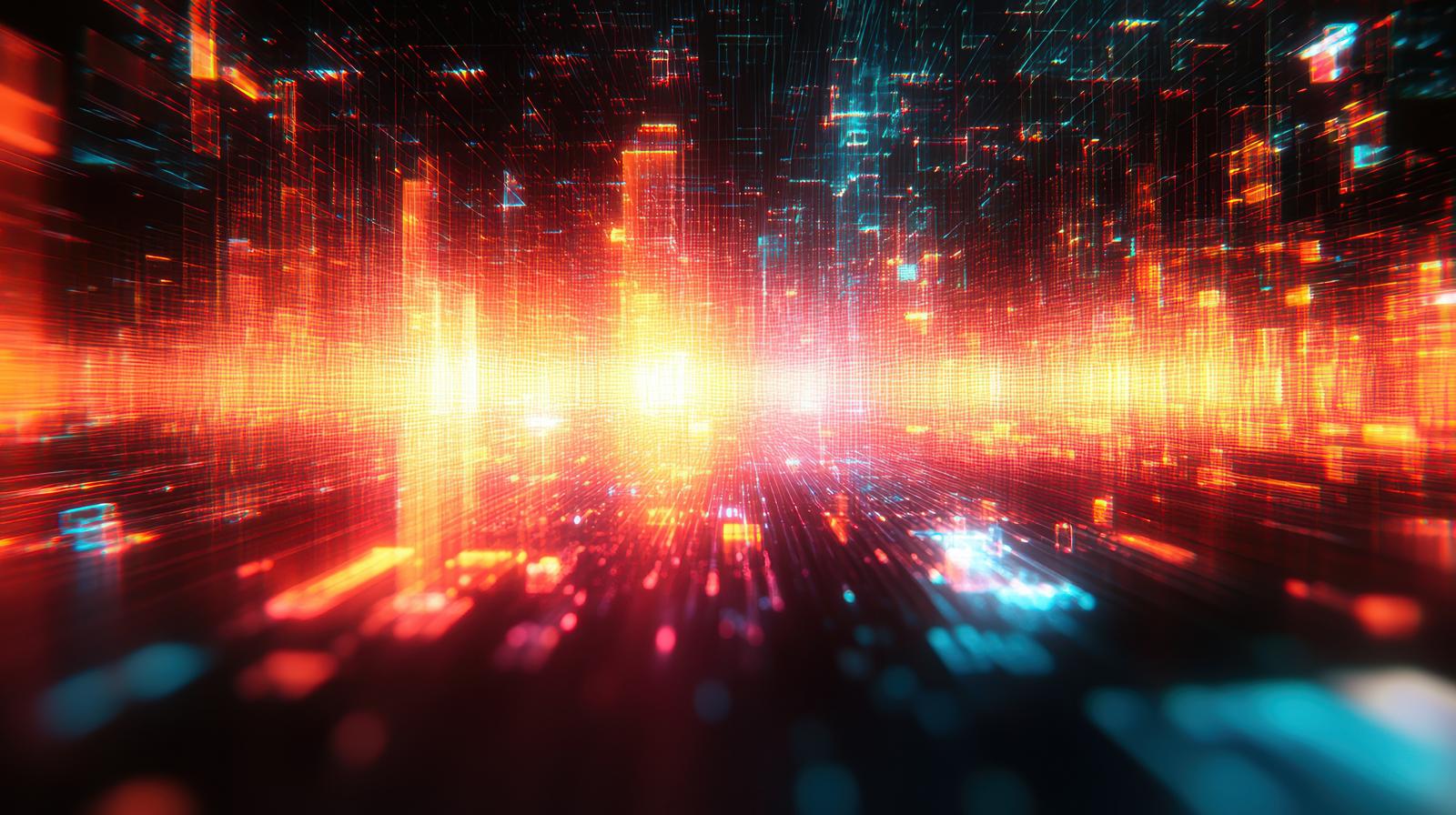 Abstract background composed of radiating beams of light and particles in a digital space