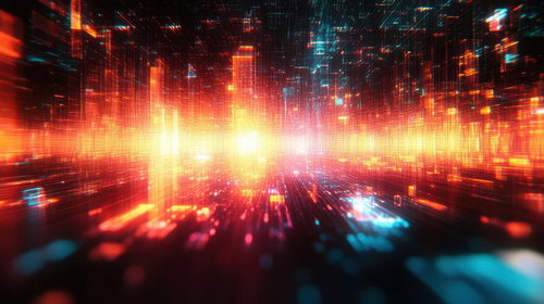 中心から広がる光の筋と粒子のデジタル空間