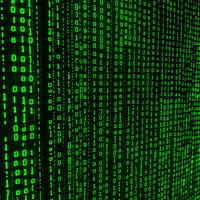 緑と黄金色に光るマトリックス風の文字列コードの写真
