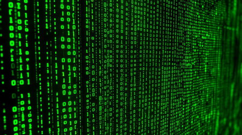 緑と黄金色に光るマトリックス風の文字列コード