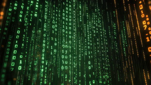緑に光るバイナリコードが流れるマトリックス空間