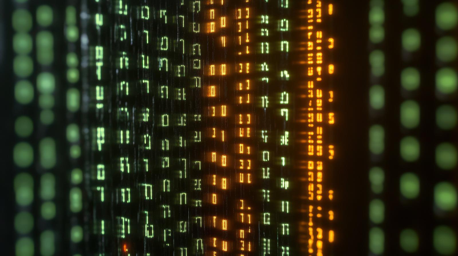 縦に流れる数字の文字列が並ぶデジタルデータ画面