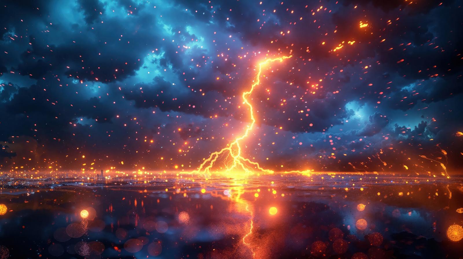 暗雲を貫く青白い稲妻と赤い火の玉、黄色い電撃が飛び散る激しい天候の画像