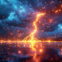 暗雲を裂く閃光と降り注ぐ火の玉と電撃エネルギーの写真