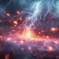 海に降り注ぐ雷の鼓動と闇を裂く落雷の閃光の写真