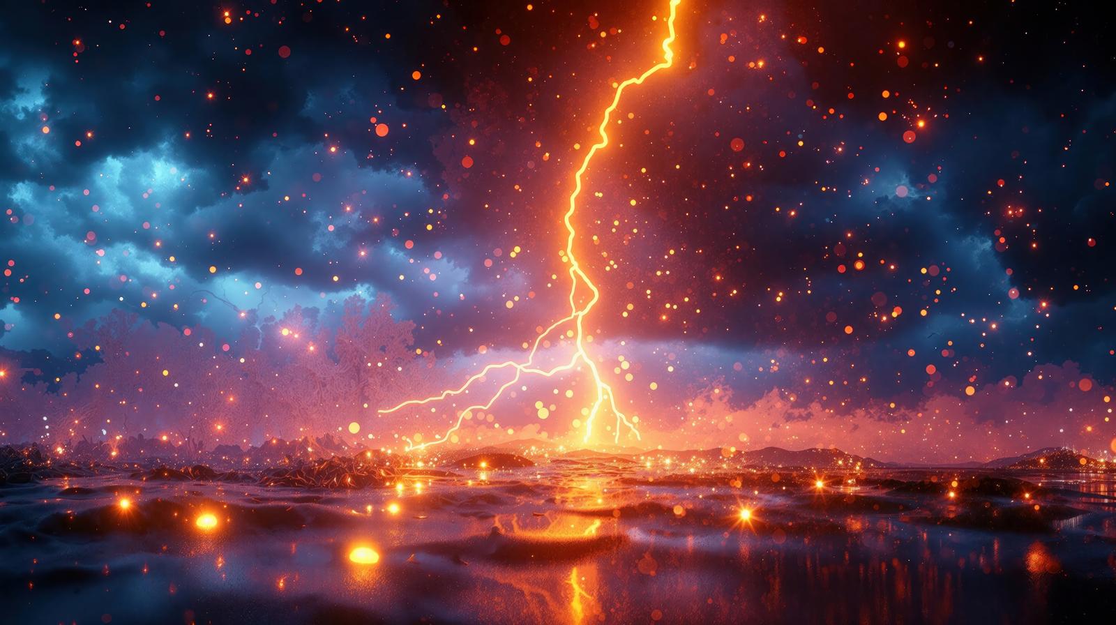 嵐の夜空に落ちるオレンジ色の稲妻