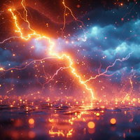 轟く雷光と光粒が舞う荒野の閃光｜夜空を照らす電撃のファンタジーの写真