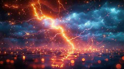 轟く雷光と光粒が舞う荒野の閃光｜夜空を照らす電撃のファンタジー