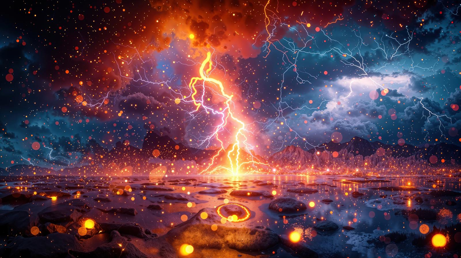 夜空から海に落ちる稲妻と火花が散る嵐の画像