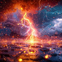 鮮烈な稲妻が刻む夜空と海に落ちる閃光と電撃エネルギーの写真