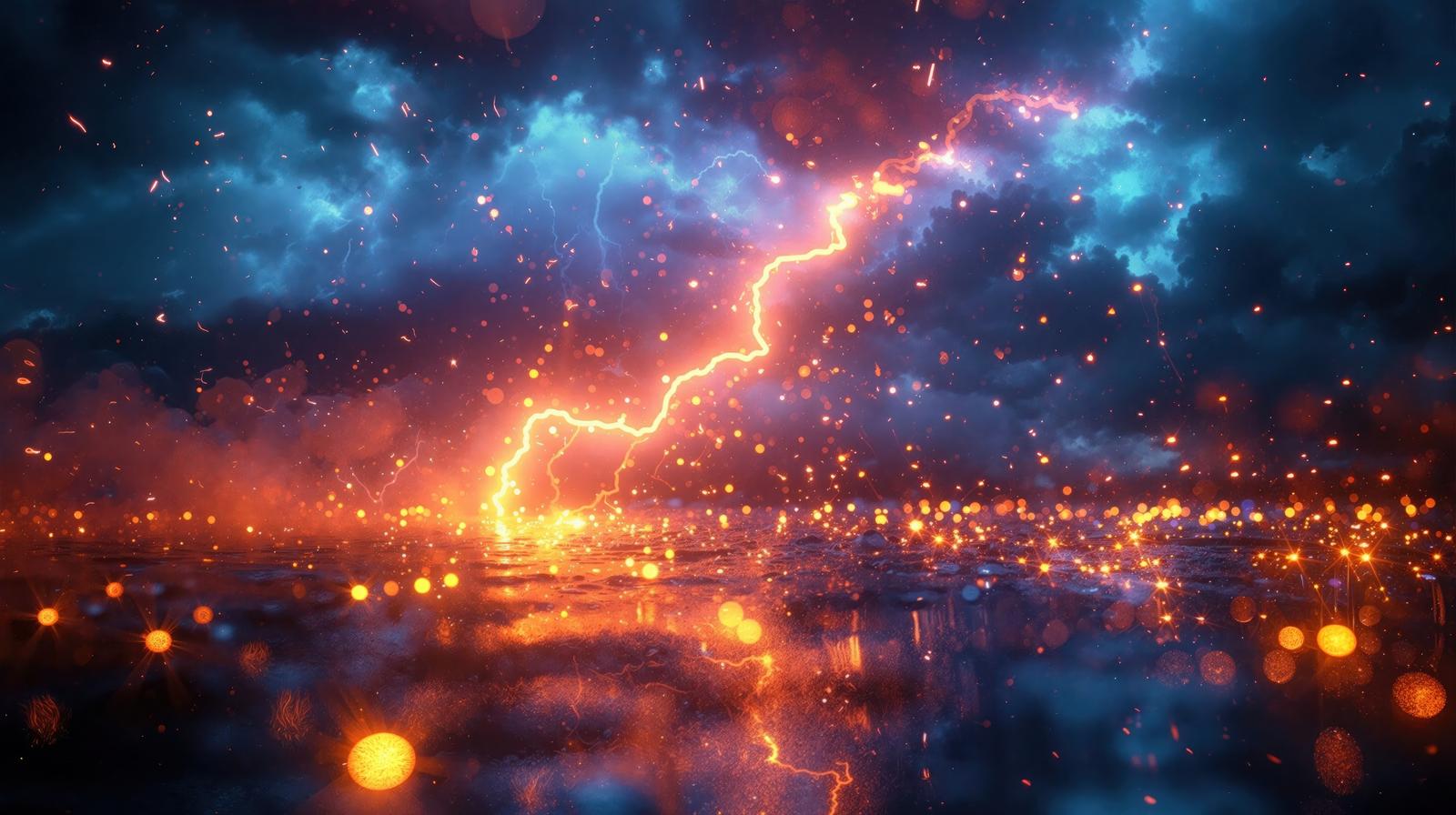 夜間の街上空に落ちる黄色い稲光が水面に反射している画像