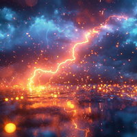 夜の街を照らす鋭い稲光と閃光が水面に映る光景の写真