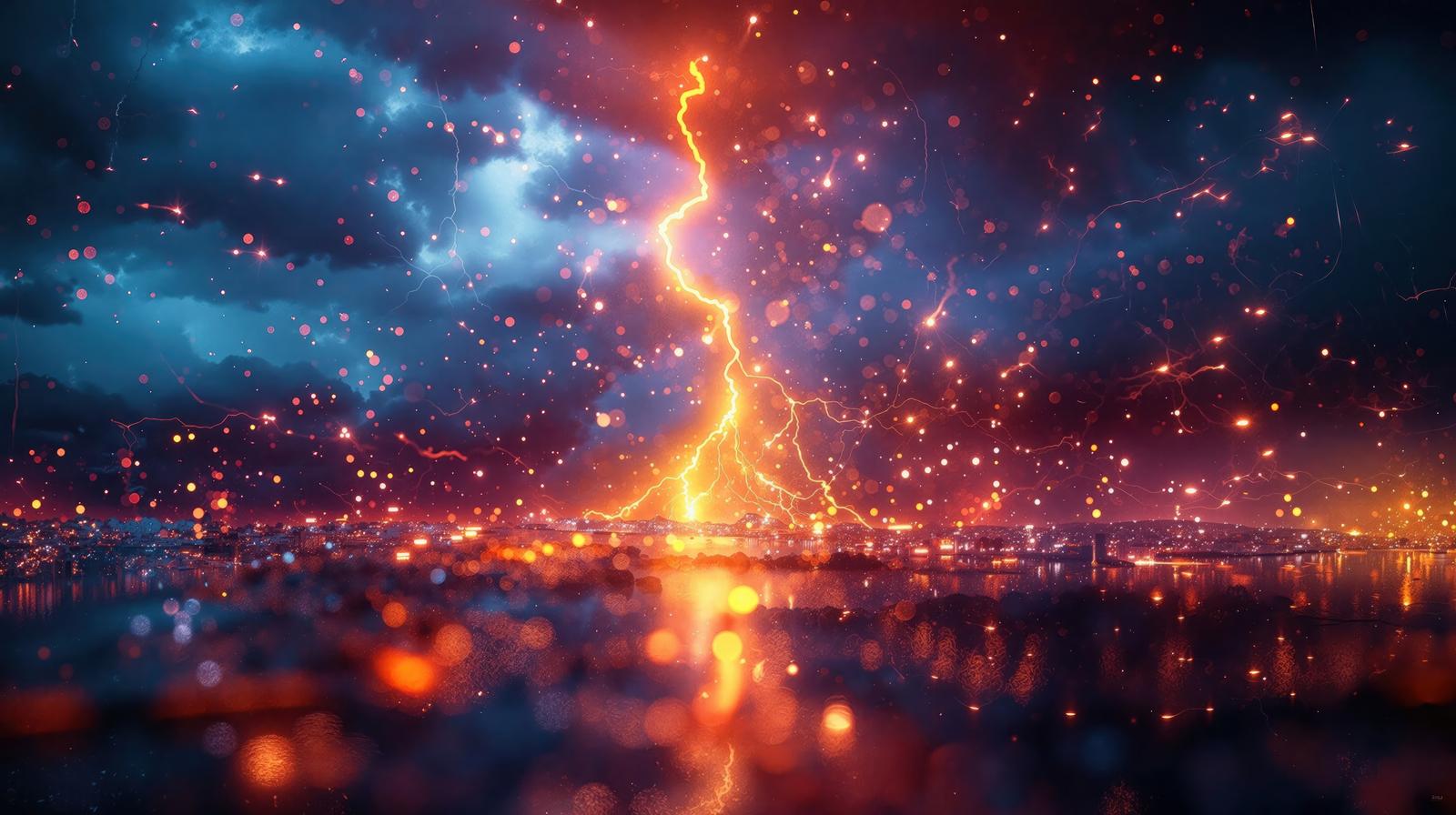 海上に落ちる稲光とオレンジ色に発光する光の粒が夜空に散らばる