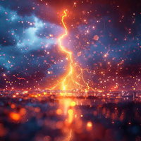 雷鳴轟く海上の稲光と光の粒、黄白色の閃光が走るライトニング風景の写真