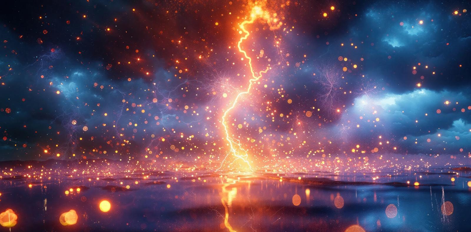 夜空に走る分岐した稲妻と発光するエネルギーの風景