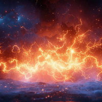 天空に刻まれる稲妻の奔流と夜明けの炎、エネルギーの輝きの写真