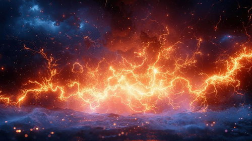 天空に刻まれる稲妻の奔流と夜明けの炎、エネルギーの輝き