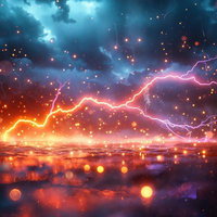 荒れた海面を照らす強烈な電撃と落雷、黄金色の稲妻が走る夜空の写真