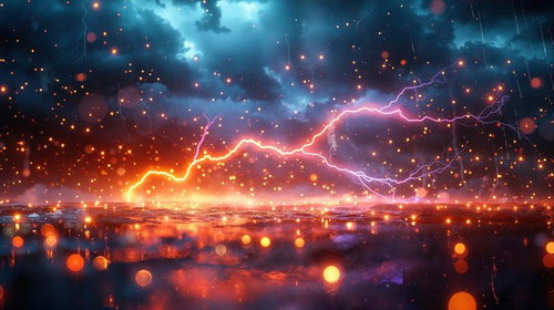 荒れた海面を照らす強烈な電撃と落雷、黄金色の稲妻が走る夜空