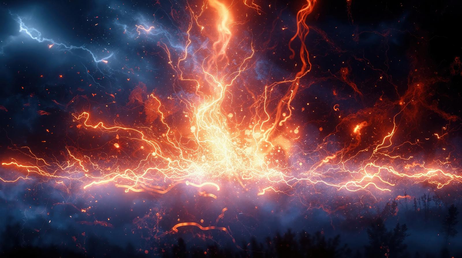 夜空に広がるオレンジ色の稲妻と火花