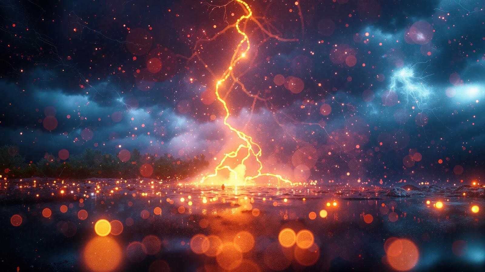 青紫の雷が降り注ぎ、オレンジ色の火花が散乱する夜間の風景