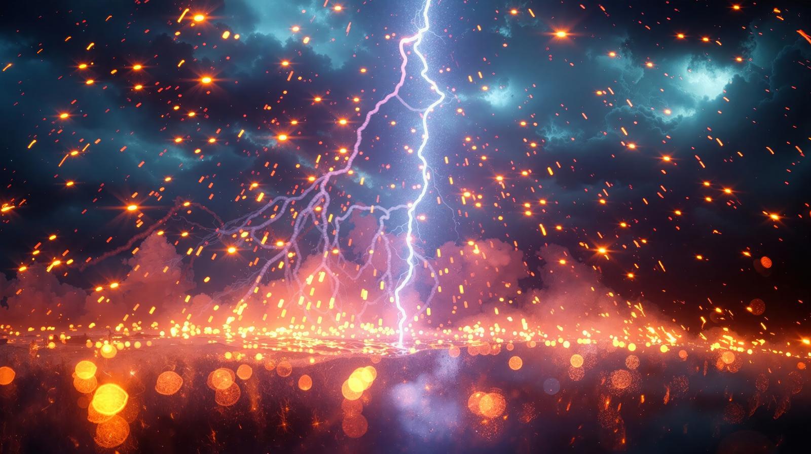 青白い光とオレンジ色の電撃が放射状に広がる雷と稲妻の夜空の画像