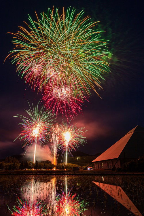 水田に反射する早苗饗（さなぶり）の花火