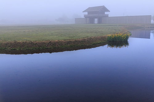 朝霧に包まれる払田の柵の古代遺跡と水面（秋田県）