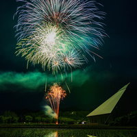 田んぼに映る早苗饗の打ち上げ花火と水面反射の写真