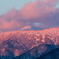 夕焼けに染まる雪残る秋田駒ヶ岳の山稜線と残雪の写真