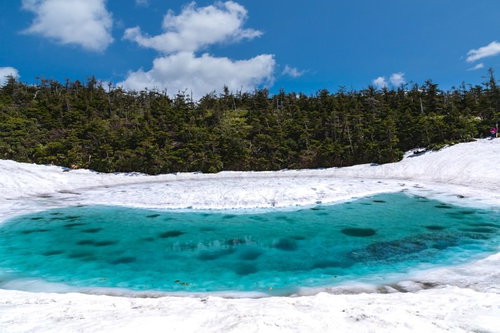 残雪に囲まれた八幡平ドラゴンアイの龍の目