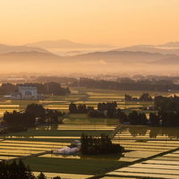朝霧残る雲海と山並みの早朝風景の写真