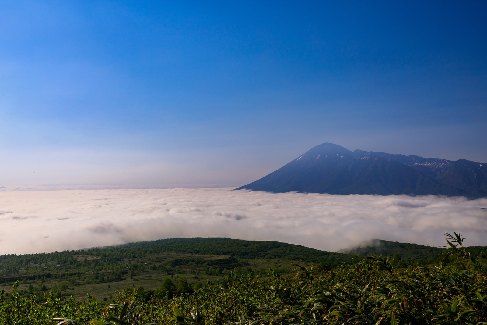 八幡平の山々に広がる雲海と青空の風景