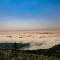 八幡平の山頂から眼下に広がる雲海と青空の絶景パノラマの写真