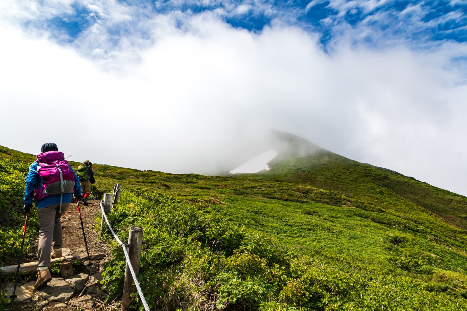 秋田駒ヶ岳の登山道で雲に向かって歩く登山者