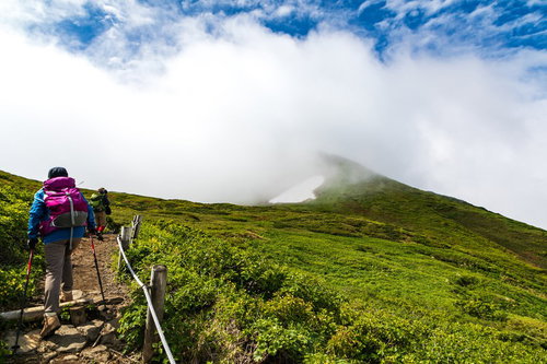 沸き立つ雲の中へと進む登山者（秋田駒ヶ岳の登山道）